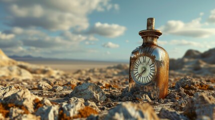 A striking image of a rusted clock embedded in an old bottle, set against a rugged desert landscape. The weathered textures and warm tones highlight themes of time, decay, and survival in a barren
