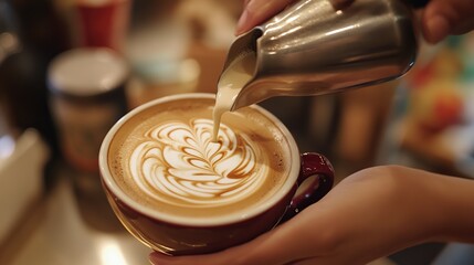 A barista creating an intricate latte art design of a rosetta, pouring steamed milk into a freshly brewed espresso.