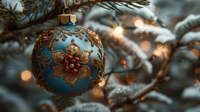 Bblue ornament hanging from a christmas tree