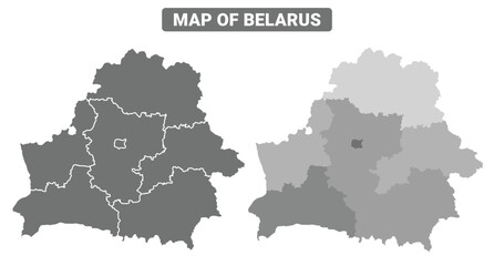 Greyscale Belarus political map with borders outline style vector illustration set