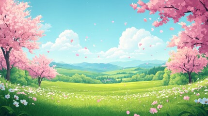 A beautiful spring banner with a scenic landscape of blooming cherry trees and lush green meadows