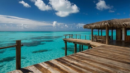 Tropical paradise scene of a weathered wooden deck overlooking turquoise waters.