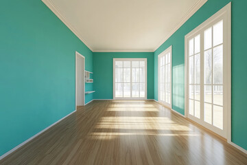 Obraz premium A 3D interior with vibrant turquoise walls, white ceiling, and warm wood floors. The fresh, bright palette creates a clean and energetic vibe.