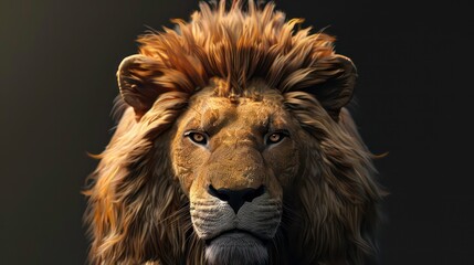 A close-up portrait of a lion's face with a majestic mane against a dark background.