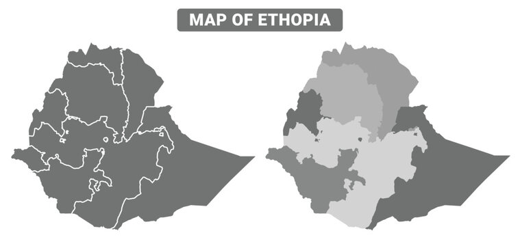 Greyscale Ethopia political map with borders outline style vector illustration set