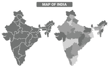 Greyscale India political map with borders outline style vector illustration set