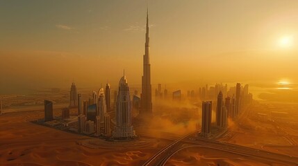 Aerial view of a modern city skyline with skyscrapers, bathed in a golden sunset, surrounded by desert landscape.