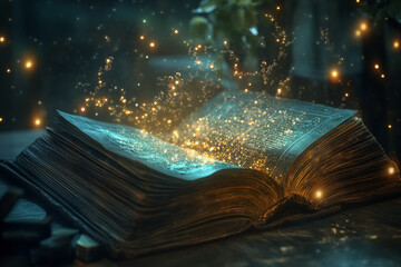 Fototapeta premium An enchanted book with glowing magical runes floating around it, and a shimmering light shining from its pages.