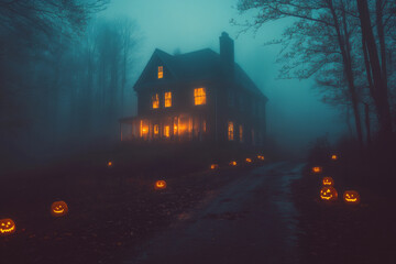 A haunted house at the end of a spooky, fog-filled road, with glowing pumpkins and ghostly figures in the windows.