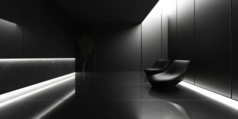 A minimalist 3D black interior with a high-gloss floor and matte black walls. The sharp edges and subtle gradients create a sleek, contemporary look ideal for modern design settings.