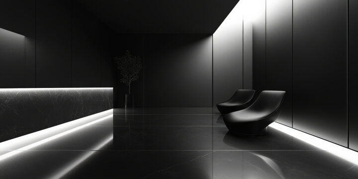 A minimalist 3D black interior with a high-gloss floor and matte black walls. The sharp edges and subtle gradients create a sleek, contemporary look ideal for modern design settings.