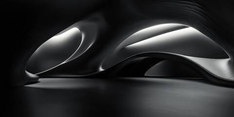 A dramatic 3D black interior with an open, cavernous space and smooth, undulating walls. The monochrome design is enhanced by soft lighting that highlights the curves and forms.