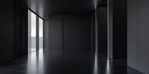 A minimalist 3D black interior with a high-gloss floor and matte black walls. The sharp edges and subtle gradients create a sleek, contemporary look ideal for modern design settings.