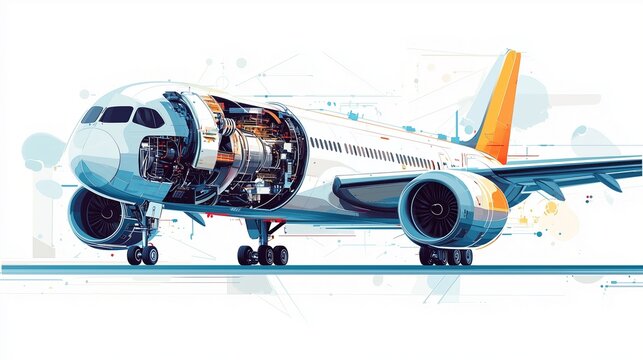 An artistic, flat style illustration of a modern airplane with semi transparent panels, revealing