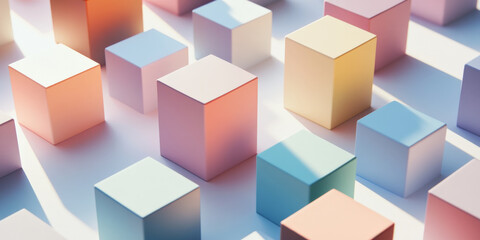 Obraz premium Multi-colored cubes in soft tones arranged geometrically on a white surface, with subtle gradients of light and shadows creating depth.