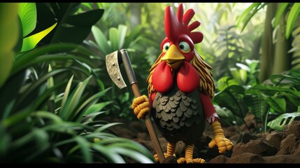 A determined cartoon rooster grips an axe as it stands amidst lush jungle foliage. The vibrant scene features the rooster's bold expression and colorful plumage, hinting at an adventurous storyline