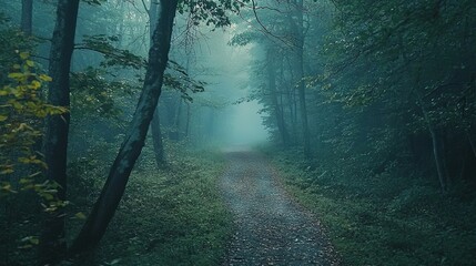 Obraz premium A foggy trail amidst dense woods, surrounded by towering trees and rustling foliage on either side