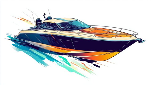 An artistic, flat style illustration of a modern boat with transparent panels, revealing the engine