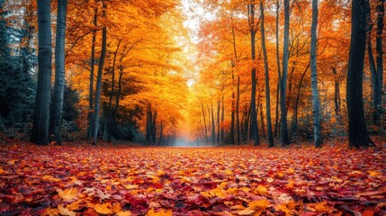 A picturesque autumn landscape with trees ablaze in vibrant shades of orange