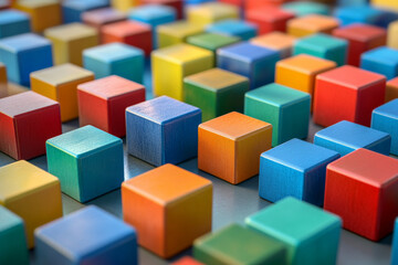 Obraz premium A random mix of primary-colored cubes arranged on a smooth, light surface, with subtle lighting to enhance the rich, bold colors.