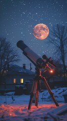 Starry night with a telescope and full moon