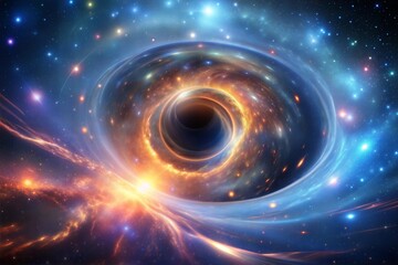 Stunning black hole in space surrounded by radiant stars and fiery gas clouds