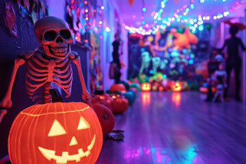 Fototapeta premium A spooky Halloween party setup with colorful candy, skeleton decorations, and glowing jack-o'-lanterns lighting the room.