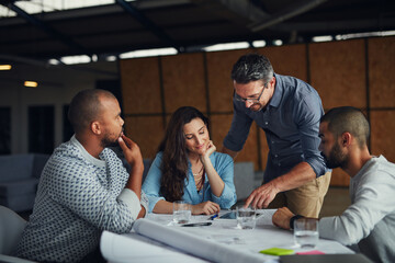 People, architecture and meeting at tablet for advice, feedback or project management. Team,...