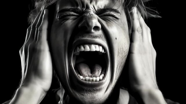 A young individual passionately screams, conveying intense emotion. The stark black and white contrasts heighten the drama, making the expression of frustration palpable.