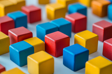 Fototapeta premium A random mix of primary-colored cubes arranged on a smooth, light surface, with subtle lighting to enhance the rich, bold colors.