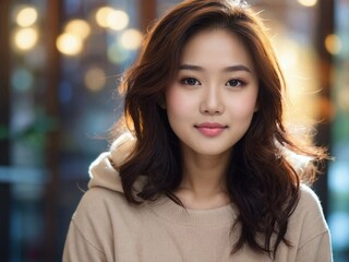 Obraz premium A young asian woman with long dark hair, looking at the camera with a gentle smile. Close-up. She is wearing a light beige shirt