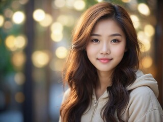 Obraz premium A young asian woman with long dark hair, looking at the camera with a gentle smile. Close-up. She is wearing a light beige shirt and is standing in front of a blurred background of green plants