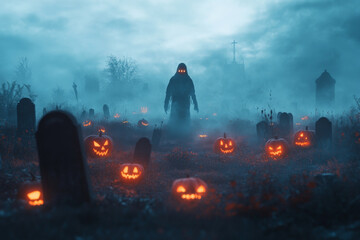 Fototapeta premium A ghostly Halloween figure floating through a foggy graveyard, surrounded by glowing jack-o'-lanterns and tombstones.