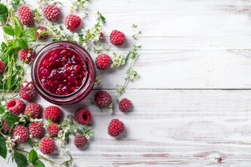 Raspberry jam in glass jar and fresh berries on white wooden background