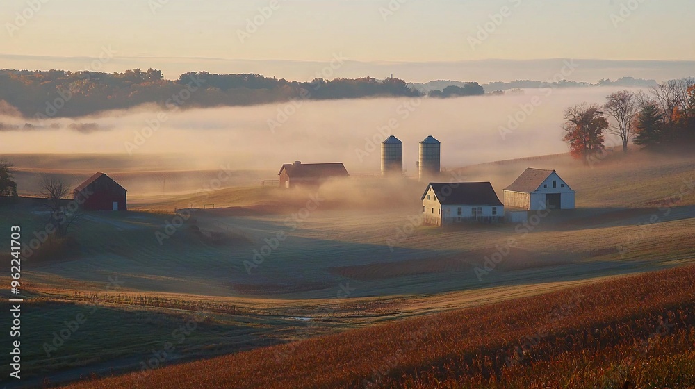 Wall mural foggy field with two barns in the foreground and a row of trees on the far side