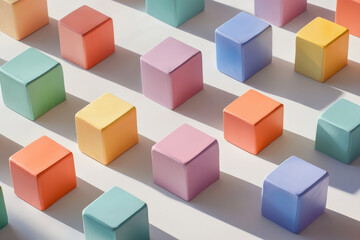 Brightly colored cubes with a matte finish placed neatly on a light gray surface, creating a grid-like arrangement with soft, diffused shadows.
