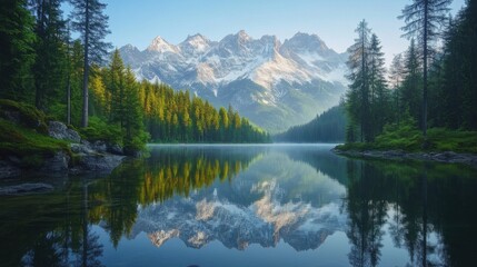 A peaceful mountain lake at sunrise
