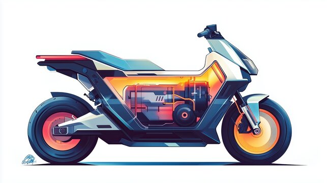An artistic, flat style illustration of a modern electric scooter with semi transparent panels,