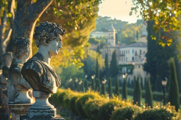 Fototapeta premium Ancient statues in a lush garden with a picturesque villa in the background, bathed in warm sunlight, exuding a serene and timeless beauty.