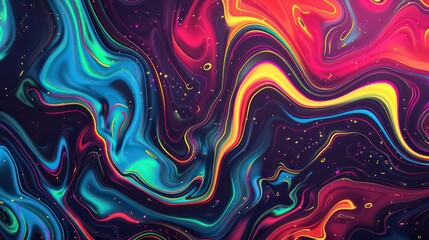 Abstract swirling colorful liquid background with blue, yellow, red, and green hues on a black background with gold glitter.