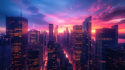 Fototapeta premium An urban sunset paints the New York City skyline in vibrant purple and pink hues, creating a stunning cityscape view.