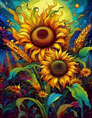 Sunflowers and maize stalks