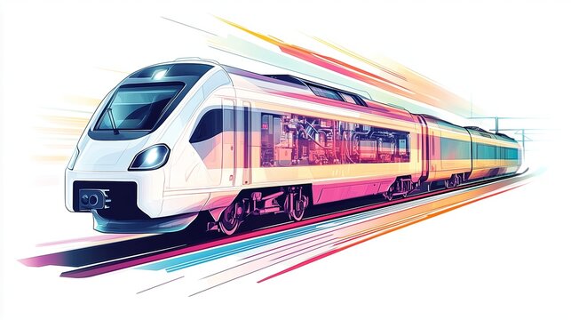 An artistic, flat style illustration of a modern electric train with semi transparent panels,