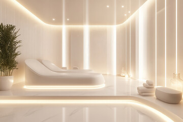 Fototapeta premium A luxurious 3D white spa room with smooth, glossy surfaces, minimalist decor, and soft ambient light creating a serene atmosphere.
