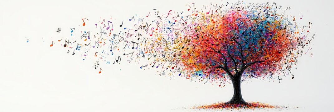 A tree with a canopy made of colorful musical notes extending horizontally, representing the harmony of nature and music in a dynamic and abstract style.
