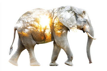 Fototapeta premium A majestic elephant walking slowly, its body filled with the image of a sunlit forest, trees and leaves blending into the white.