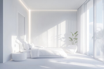 A luxurious 3D white bedroom with smooth walls, minimalistic furniture, and soft, diffused light creating a serene, calming atmosphere.