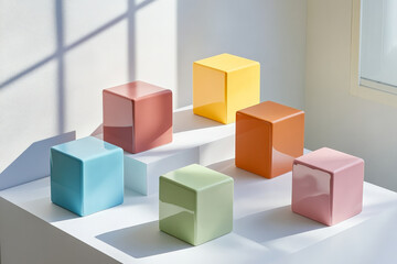 Obraz premium A minimalist composition of multi-colored cubes placed symmetrically on a soft white surface, with light softly bouncing off their shiny, smooth faces.