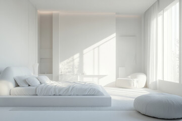 Fototapeta premium A luxurious 3D white bedroom with smooth walls, minimalistic furniture, and soft, diffused light creating a serene, calming atmosphere.