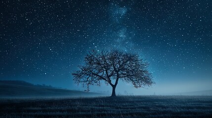   Lone tree in field under night sky with star-filled background